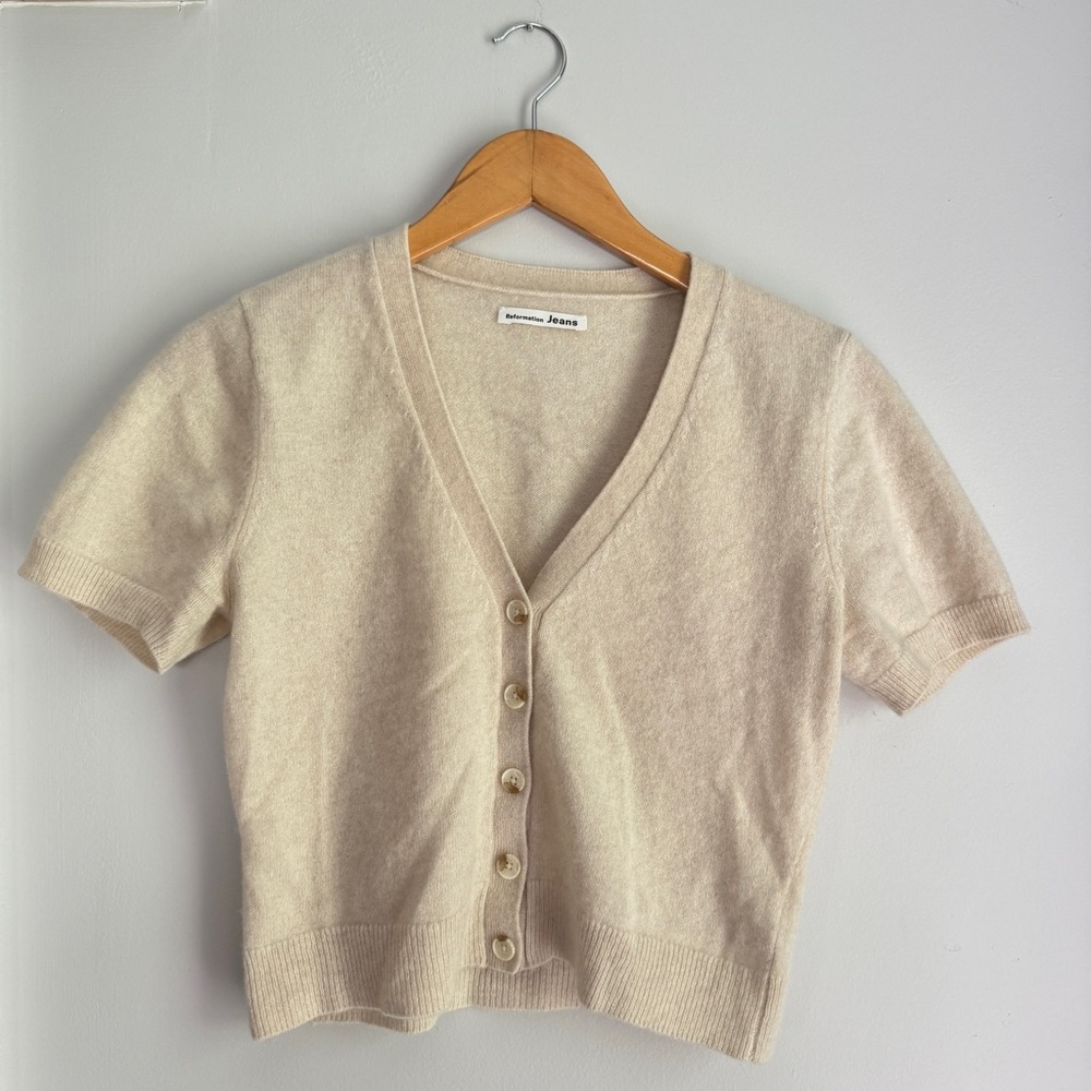 Reformation Creme Short Sleeve Cropped Cardigan